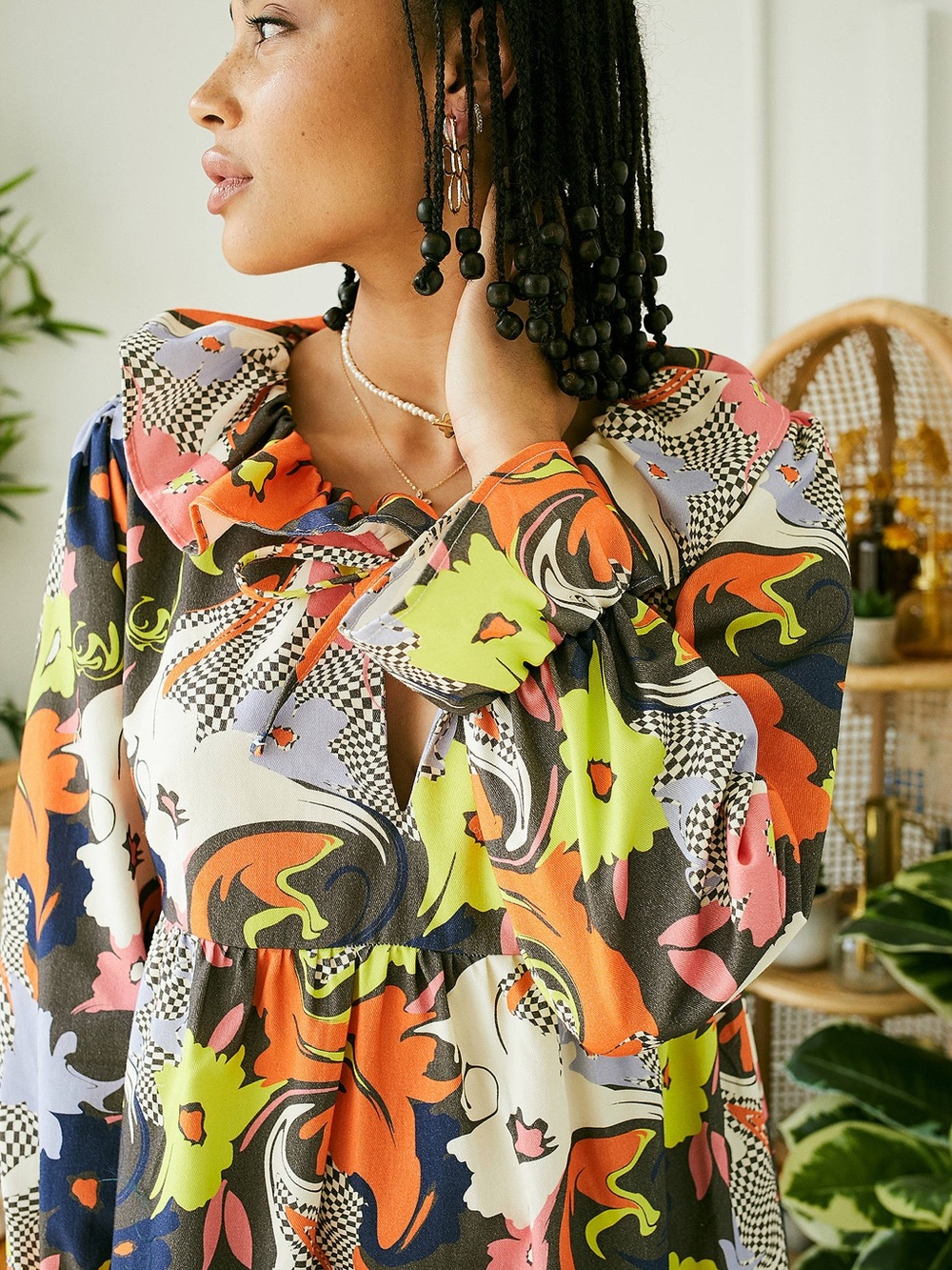 Damson Madder Gloria Trippy Floral Ruffle Dress Organic Cotton Midi 10 - Picture 3 of 9